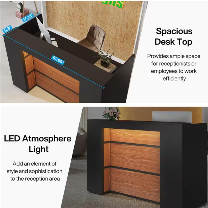 Reception Desk With LED Lights For Office Lobby - Black