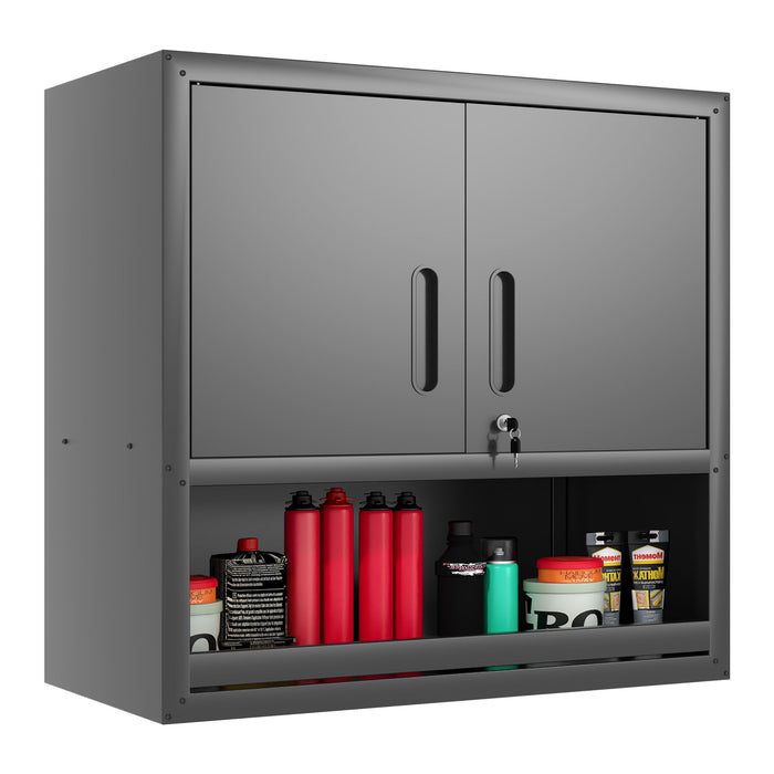 Wall-Mounted Storage Cabinet With Locking Door, 1 Shelf And Open Drawer - Black