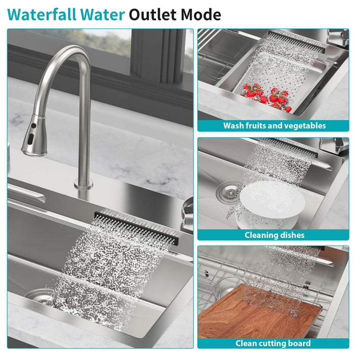 Drop In Waterfall Kitchen Sink With Pull Out Faucet & Cup Washer