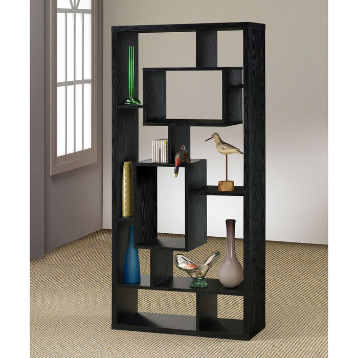 10 Shelf Open Back Bookcase With Geometric Design - Black
