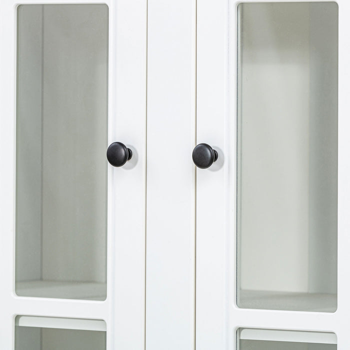 Retro Style Wall Suit With Glass Doors, 75.25" Tall Display Cabinets & Triangle Sided Bookshelves - White