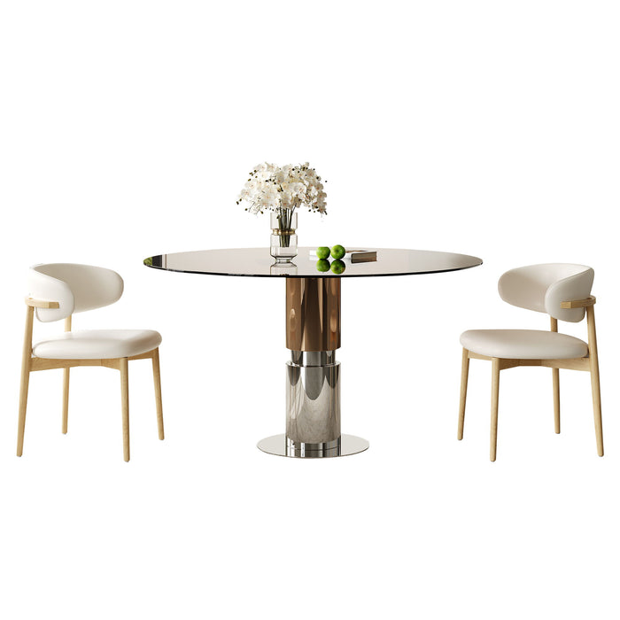Round Glass Dining Table With Stainless Steel Legs And Chairs