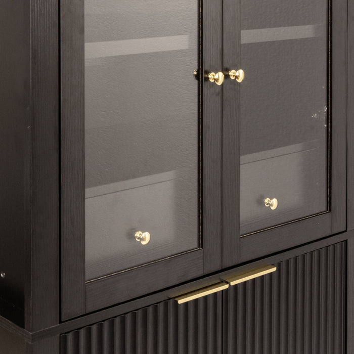 Fluted Tall Arched Pantry Cabinet With Adjustable Shelves, Glass Door & Hidden Drawer For Kitchen