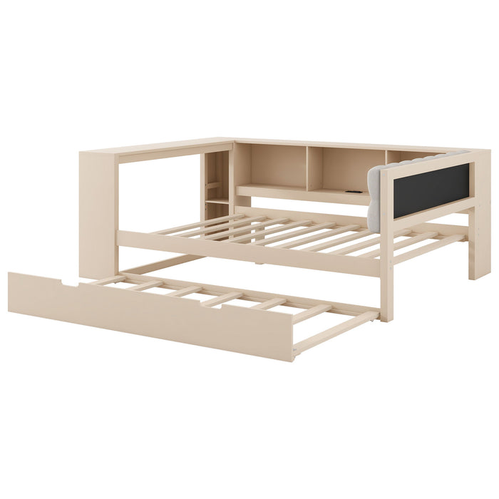Upholstered Headboard Platform Bed With Storage Shelves, Trundle, Charging Station
