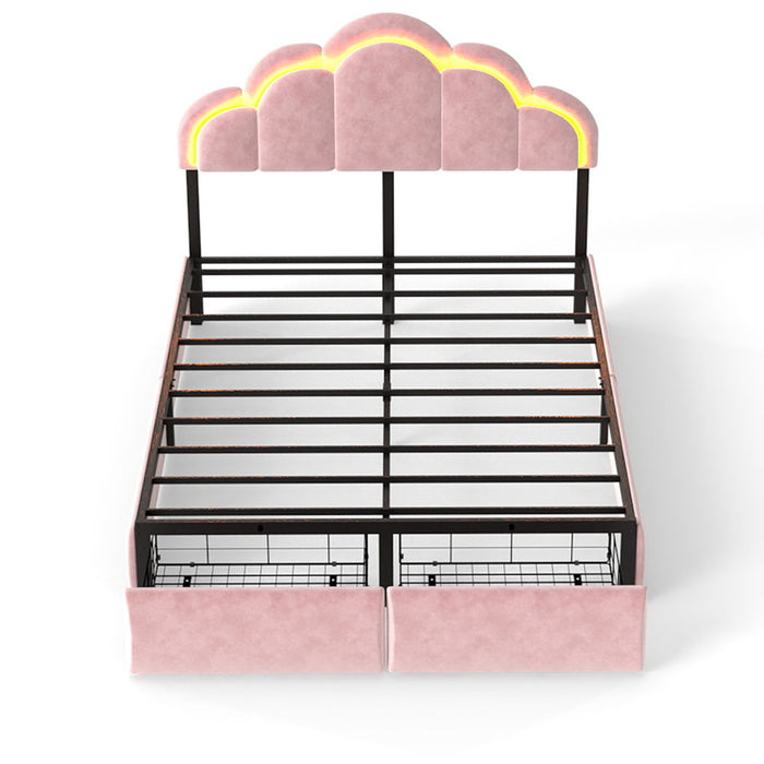 Full RGB LED Upholstered Platform Bed With Petal Headboard And Storage Drawers For Kids Bedroom - Pink