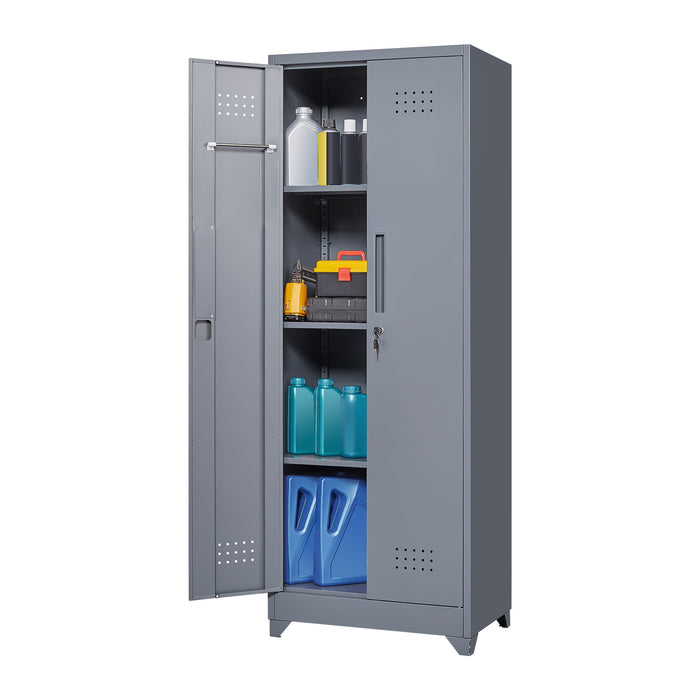 Heavy Duty Storage Cabinet With Locking Doors, Hanging Rod & Shelves, Broom Closet - Gray