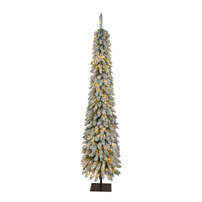 Slim Snow Flocked Pre Lit Pencil Christmas Tree, 3.9Ft / 5.9Ft / 7.9Ft With 750 Branch Tips, 480 LED Lights, Warm Glow, For Indoor Holiday Decor - White