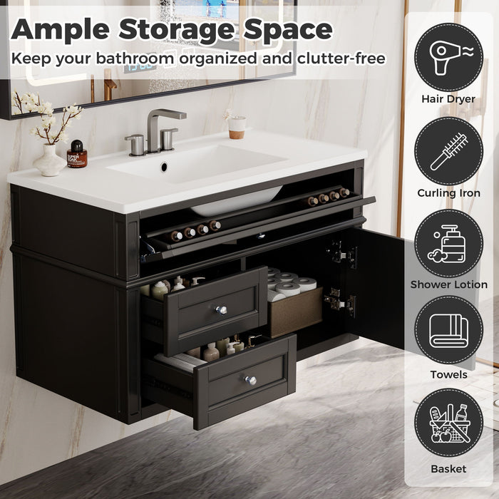 Modern Wall Mounted Floating Cabinet With Double Drawer And Sink