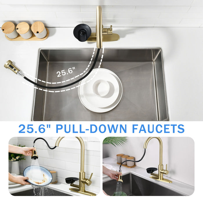 3 In 1 Kitchen Faucet With Press Type Glass Rinser, High Arc Pull Down Sprayer