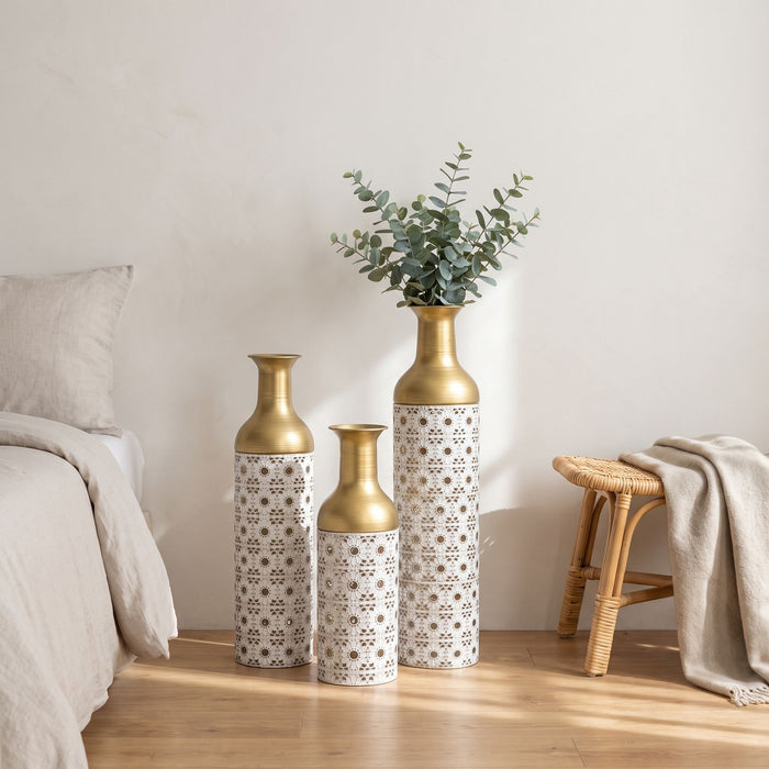 Handcrafted Cutout Hollow Tall Standing Floor Vase, Home Decor (Set of 3) - White / Gold