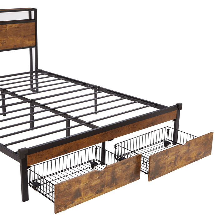 Modern Metal Platform Bed Frame With Wooden Headboard And Footboard, USB Charging Station, LED Lights, 2 Drawers