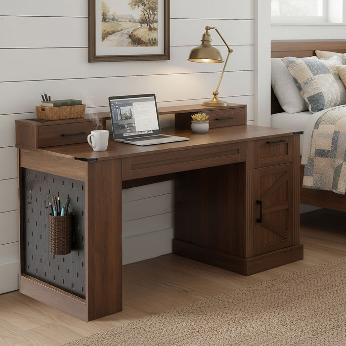 Office Desk With Storage Cabinet, Charging Station, Monitor Stand & Pegboard