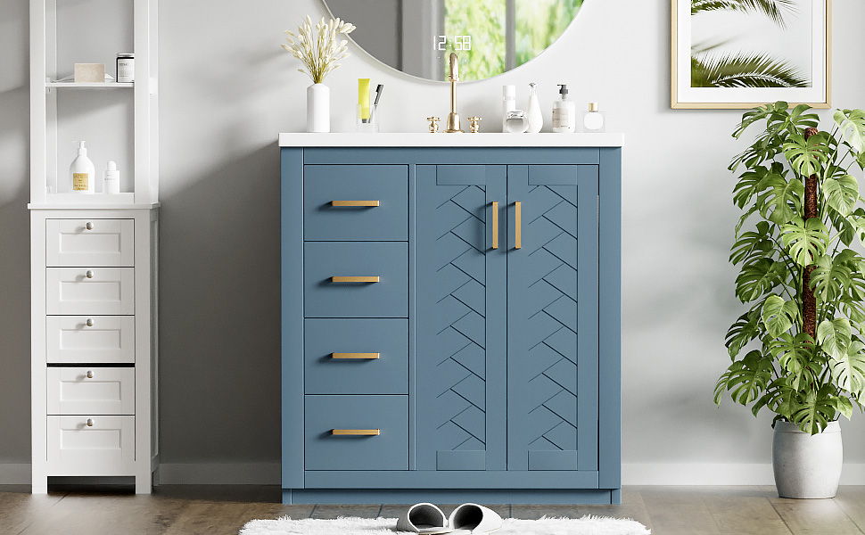 Ceramic Sink Combo, Freestanding Vanity Set With 3 Drawers & Soft Closing Doors