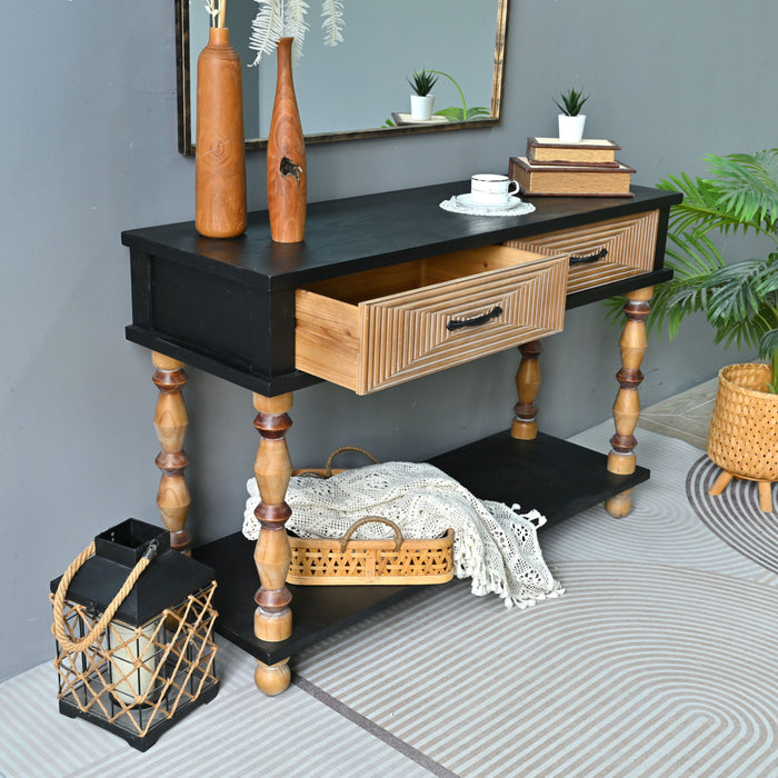 Accent Carved Console Table With Open Shelf And 2 Drawers Living Room - Black / Natural Wood Wash