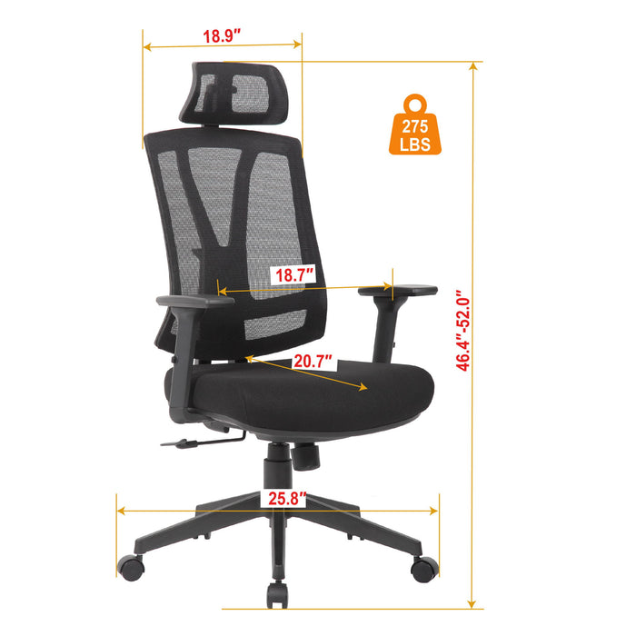Office Chair With Adjustable Headrest & Back, High Back Swivel Desk Chair - Black