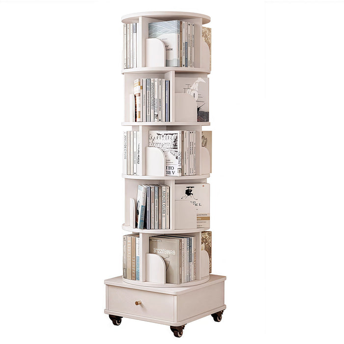 Rotating Bookshelf With Wheels And Drawer, 360° Spinning Design, Space Saving Storage