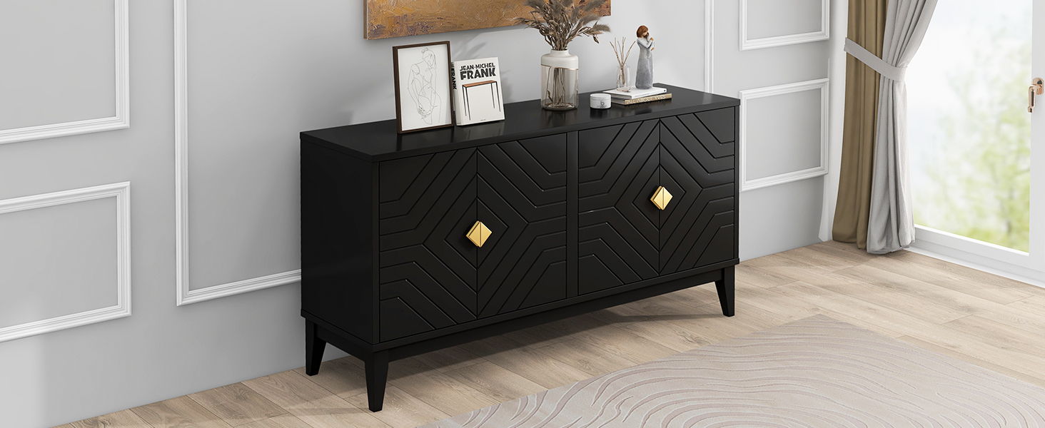 4 Door Sideboard Storage Cabinet For Living Room And Dining Room, 2 Large Cabinets With Gold Handles And Adjustable Shelf - Black