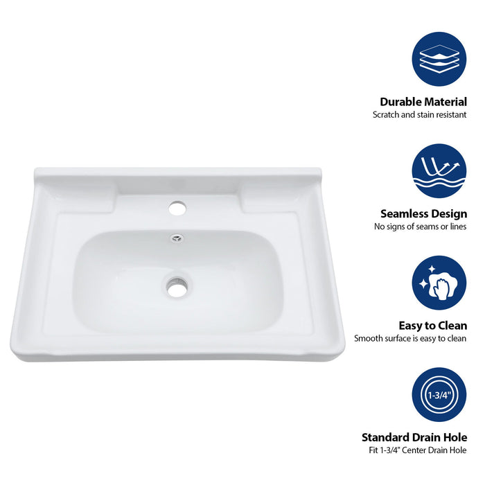 Wall Mounted Rectangular Bathroom Sink With Towel Bar & Overflow - White