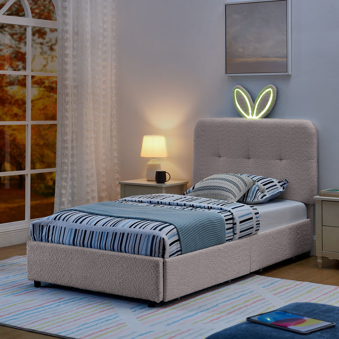 Upholstered Bed With Oversized Rabbit Ear Headboard, LED Lights & 4 Storage Drawers