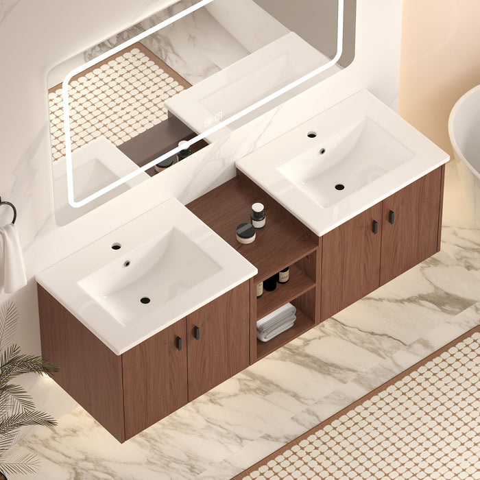 Soft Close Doors Bathroom Vanity With Small Storage Shelves, 24" And 12" Combination Cabinet - Reddish Brown