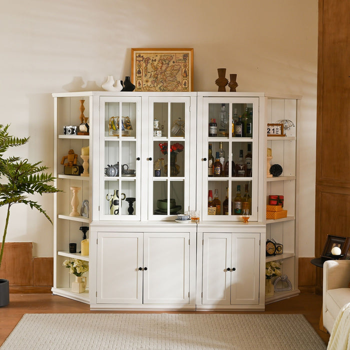 Retro Style Wall Suit With Glass Doors, 75.25" Tall Display Cabinets & Triangle Sided Bookshelves - White
