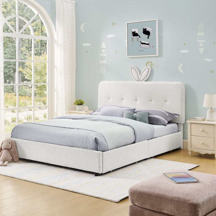 Upholstered Bed With Oversized Rabbit Ear Headboard, LED Lights & 4 Storage Drawers