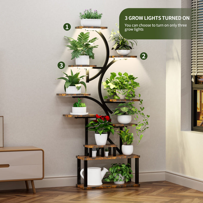 S - Shaped, 10 Tier Plant Stand With 5 Grow Lights - Deep Rustic Brown