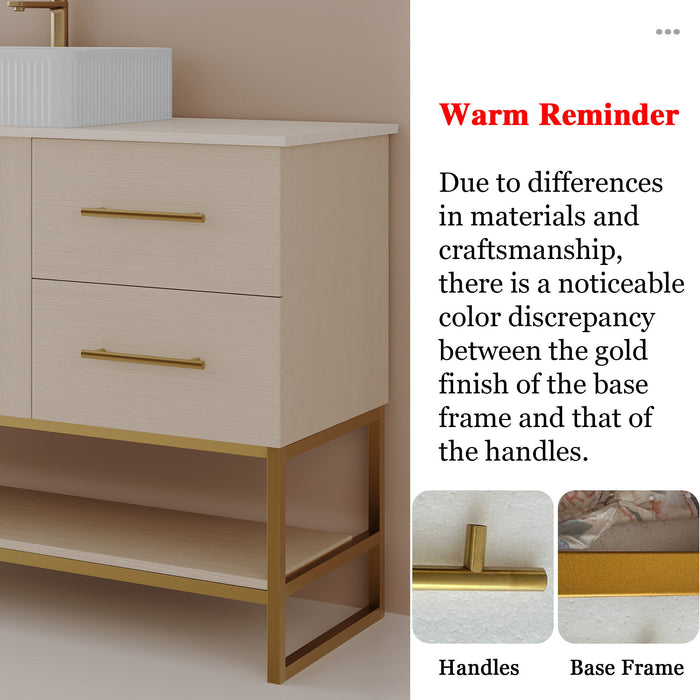 Bathroom Vanity With Vessel Sink Accent Free Standing Cabinet - Ameican White Oak / Gold / White