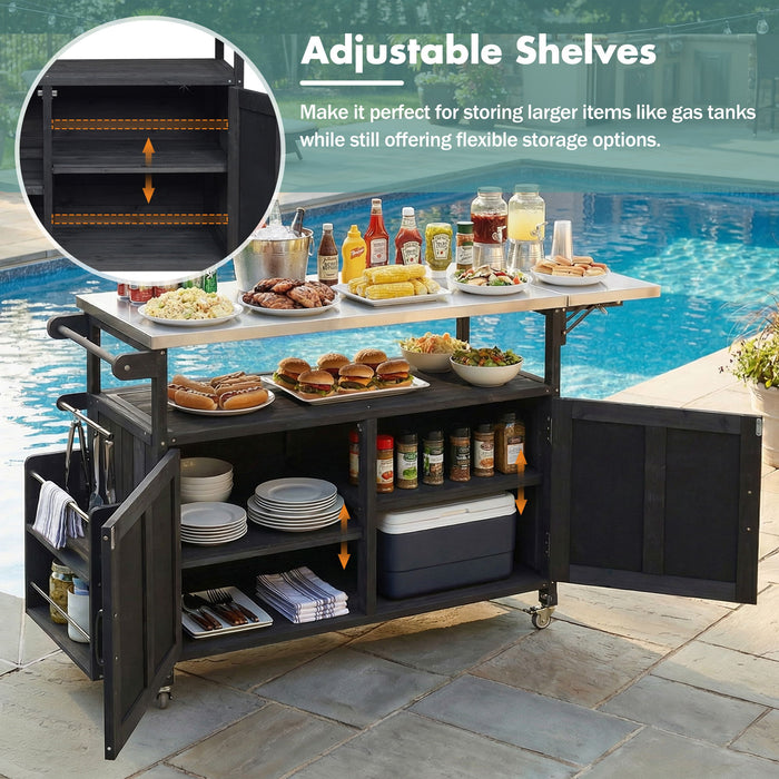 Foldable Outdoor Kitchen Island With Lockable Wheels, Storage Cabinet And Towel Rack For Patio