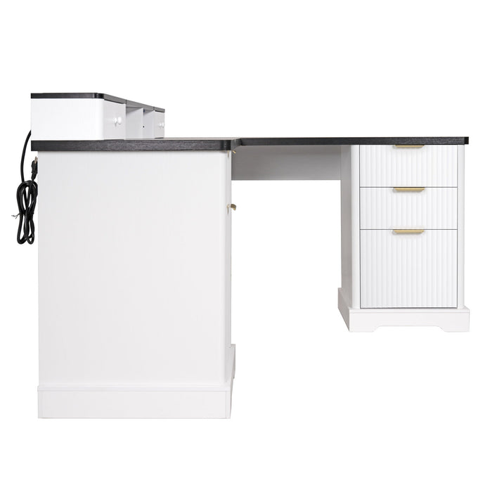 Fluted L-Shaped Desk With Charging Station & Storage Cabinet