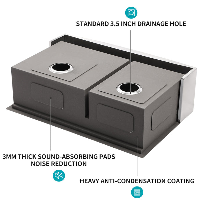 Double Bowl Farmhouse Sink Workstation 33" Stainless Steel 16 Gauge Apron Front - Black / Gray