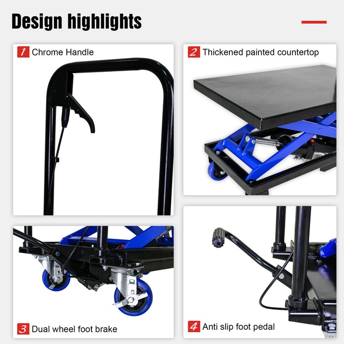 Hydraulic Lift Trolley, 500 Lbs Capacity, With 4 Wheels, For Material Handling And Transportation - Black / Blue