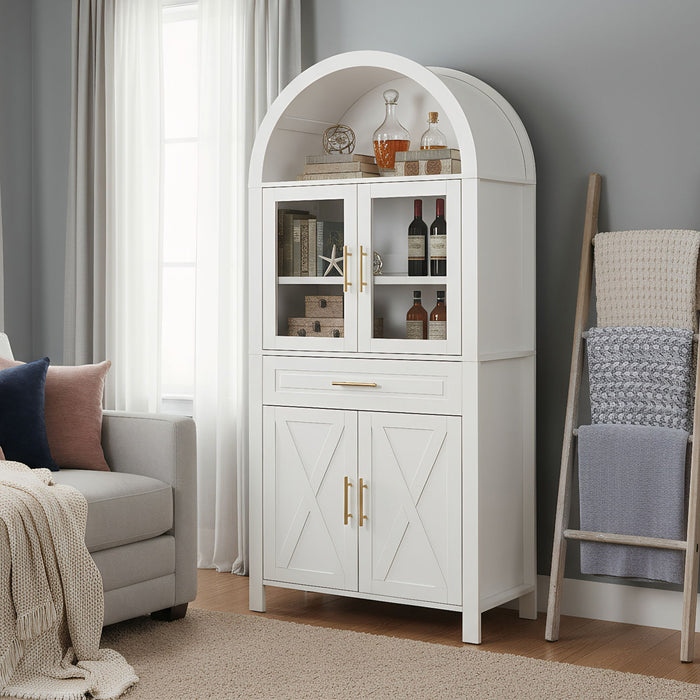 Arched Kitchen Pantry Cabinet With Adjustable Shelves & Barn Door Design
