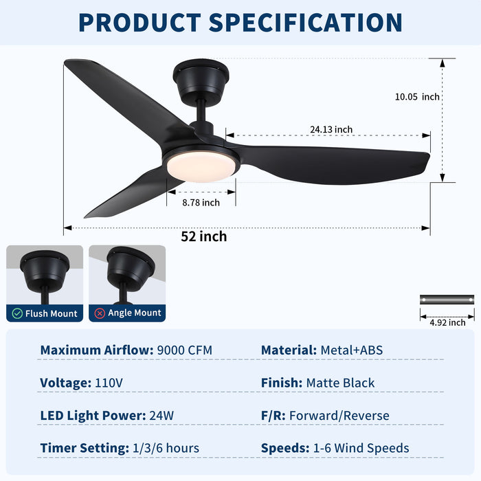 Outdoor Waterproof Ceiling Fan With Light And Quiet DC Motor, Blades For Bedroom - Black