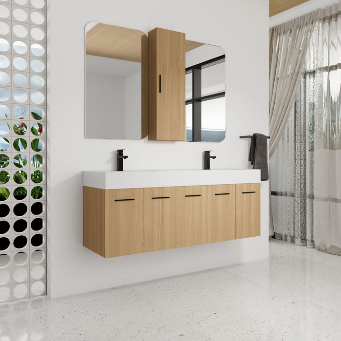 Floating Double Sink Bathroom Vanity Set With Tall Linen Cabinet, Extra Large Storage, Integrated Sink, Soft Close Doors - Glossy White / Light Oak