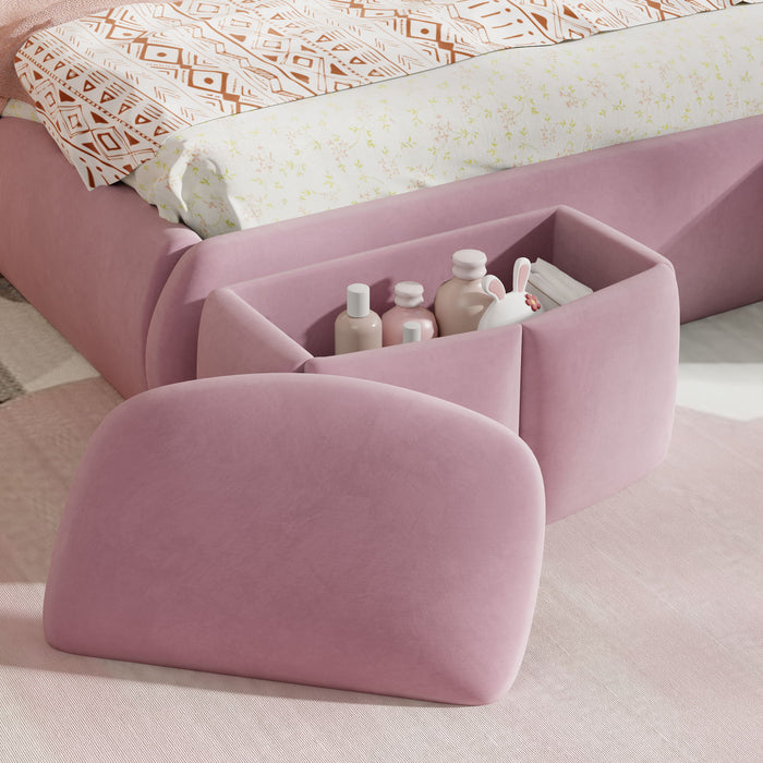 Full Upholstered Platform Bed With Cartoon Ears Headboard And LED Light - Pink