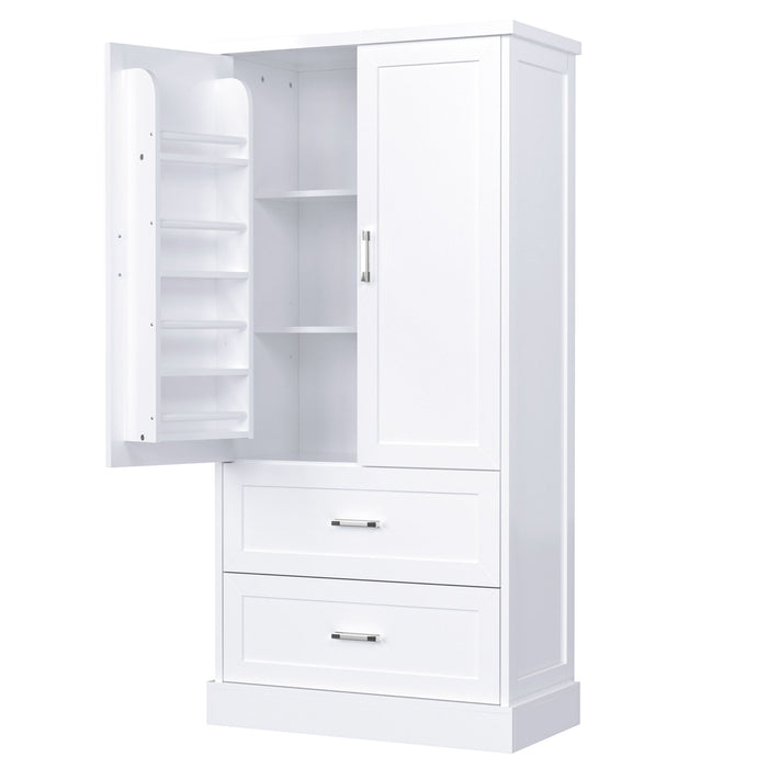 Tall Bathroom Storage Cabinet With 2 Doors And Drawers, Adjustable Shelf