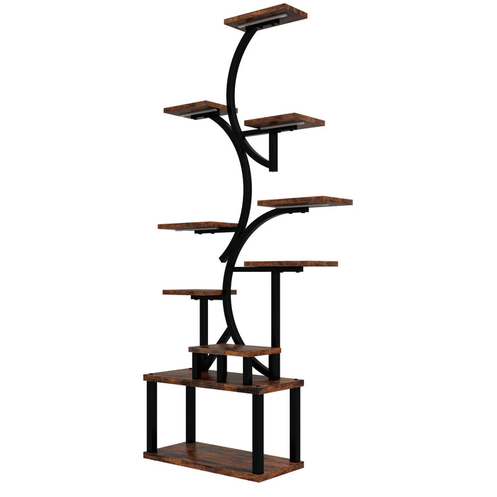 S - Shaped, 10 Tier Plant Stand With 5 Grow Lights - Deep Rustic Brown