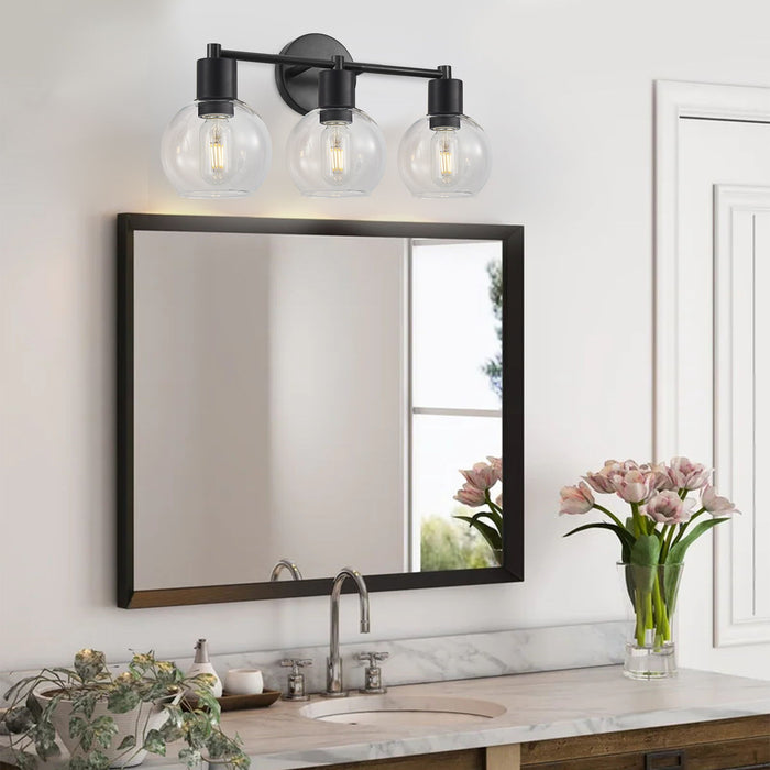 3 Light Globe Bathroom Vanity Light With Clear Glass Shades - Black