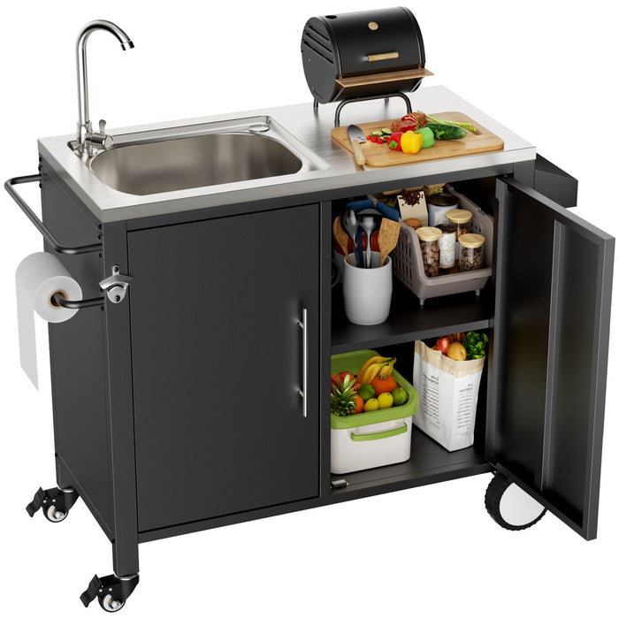 Outdoor Grill Cart With 304 Stainless Steel Sink And Cabinet - Black / Silver