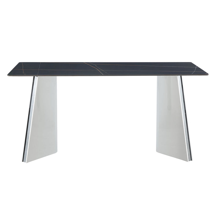 Modern Marble Patterned Dining Table With Stainless Steel Butterfly Legs, Scratch And Heat Resistant - Black / Silver