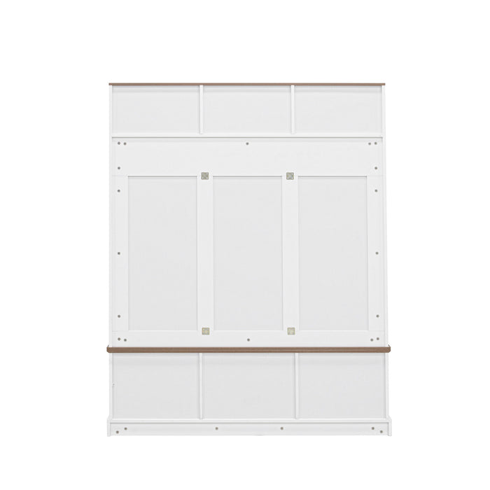 Hall Tree With Bench And Shoe Storage, 5 In 1 Entryway Organizer Cabinet With Coat Rack, 4 Shoe Cubbies & 7 Hooks - White