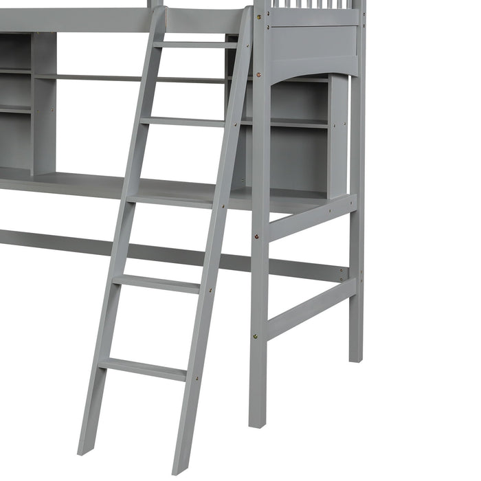 Loft Bed With Storage Shelves, Desk And Ladder