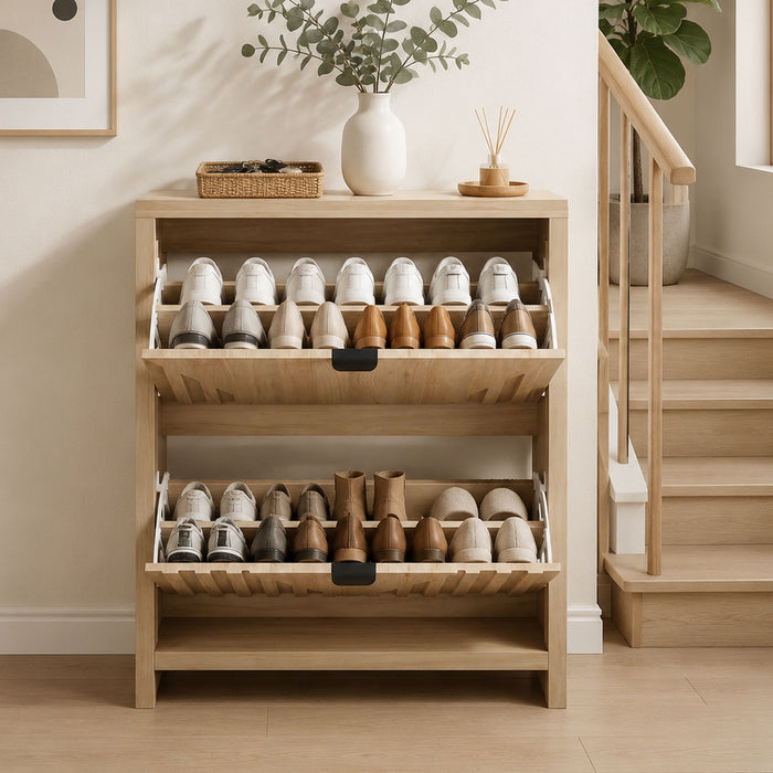 Entryway Shoe Cabinet With Vertical Carved Panels - Oak