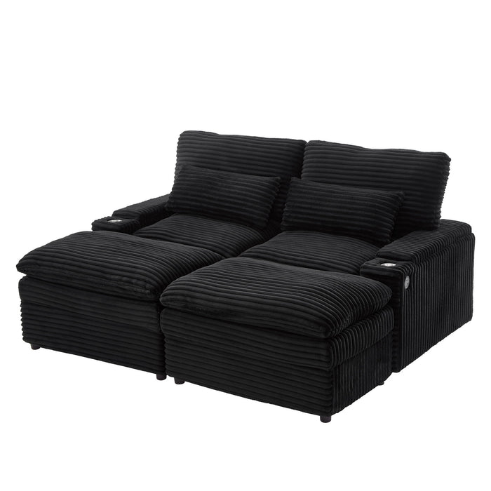 Convertible Loveseat Sofa With Storage, USB Ports, Cup Holders - Black