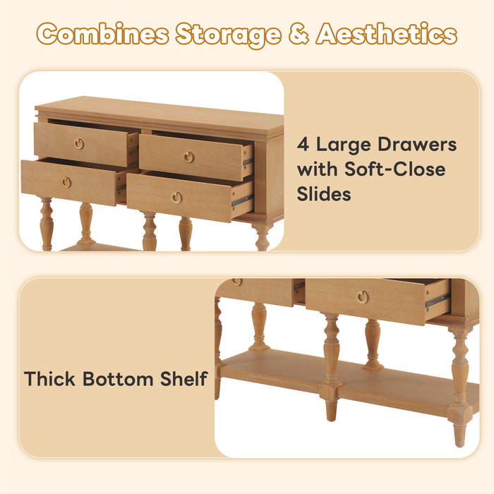Console Table With 4 Soft Close Drawers, Thick Bottom Shelf For Living Room - Natural