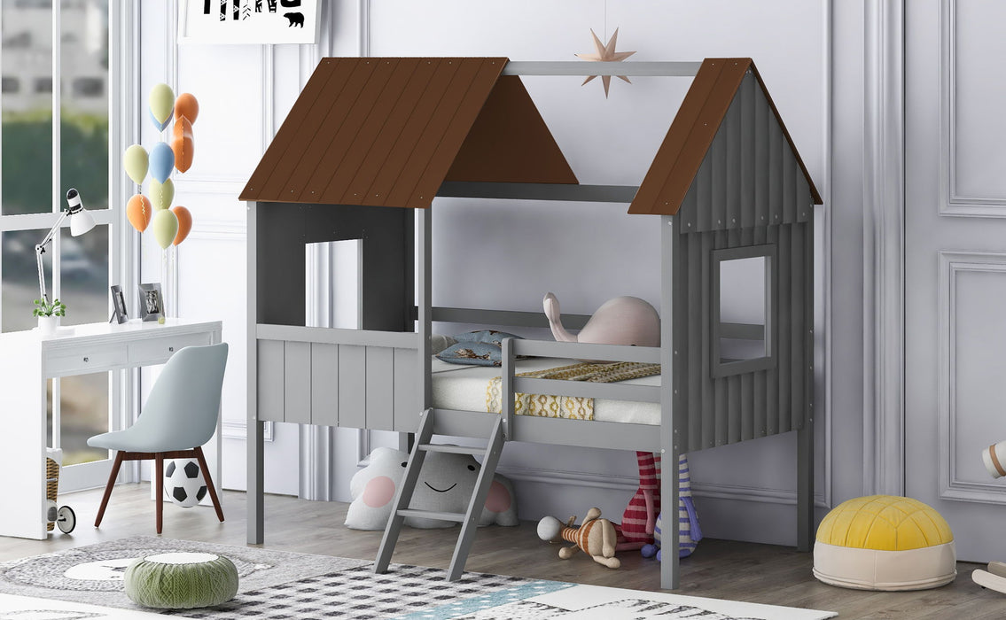 Twin Size Low Loft House Bed With Two Side Windows - Gray / Brown