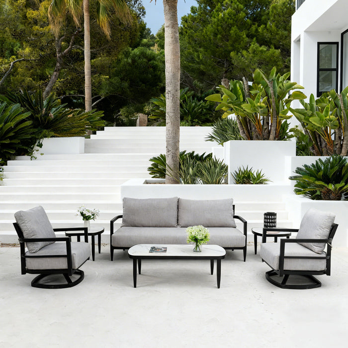 Outdoor Conversation Set With Chairs, Bench Sofa, Tables, Sunbrella Cushions