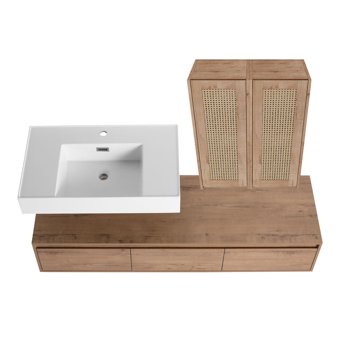 Modern Wall Mounted Bathroom Vanity With Resin Sink And 2 Side Cabinet, Imitative, Construction - Imitative Oak