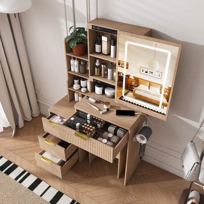 Modern Vanity Desk With 3 LED Lighting Modes, 4 Drawers